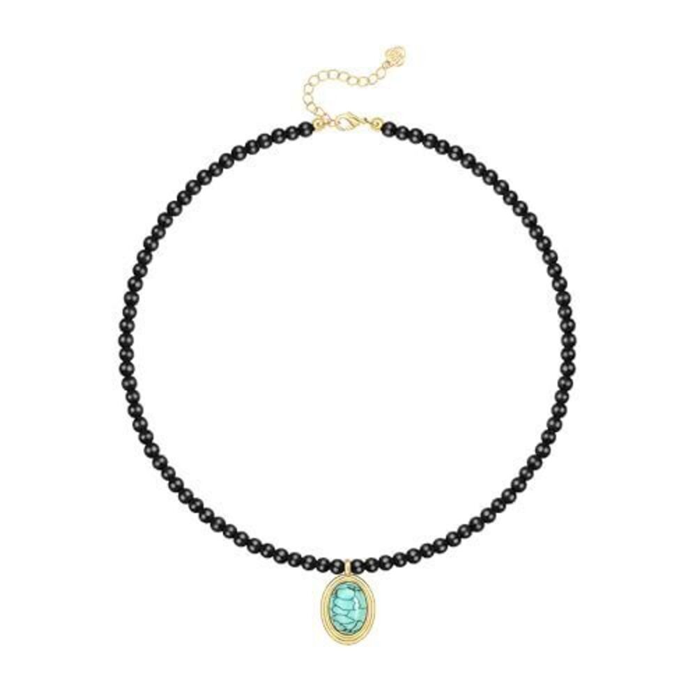9422 Boho Black Beaded Choker, Oval Turquoise Pendant Necklace , 18k Gold